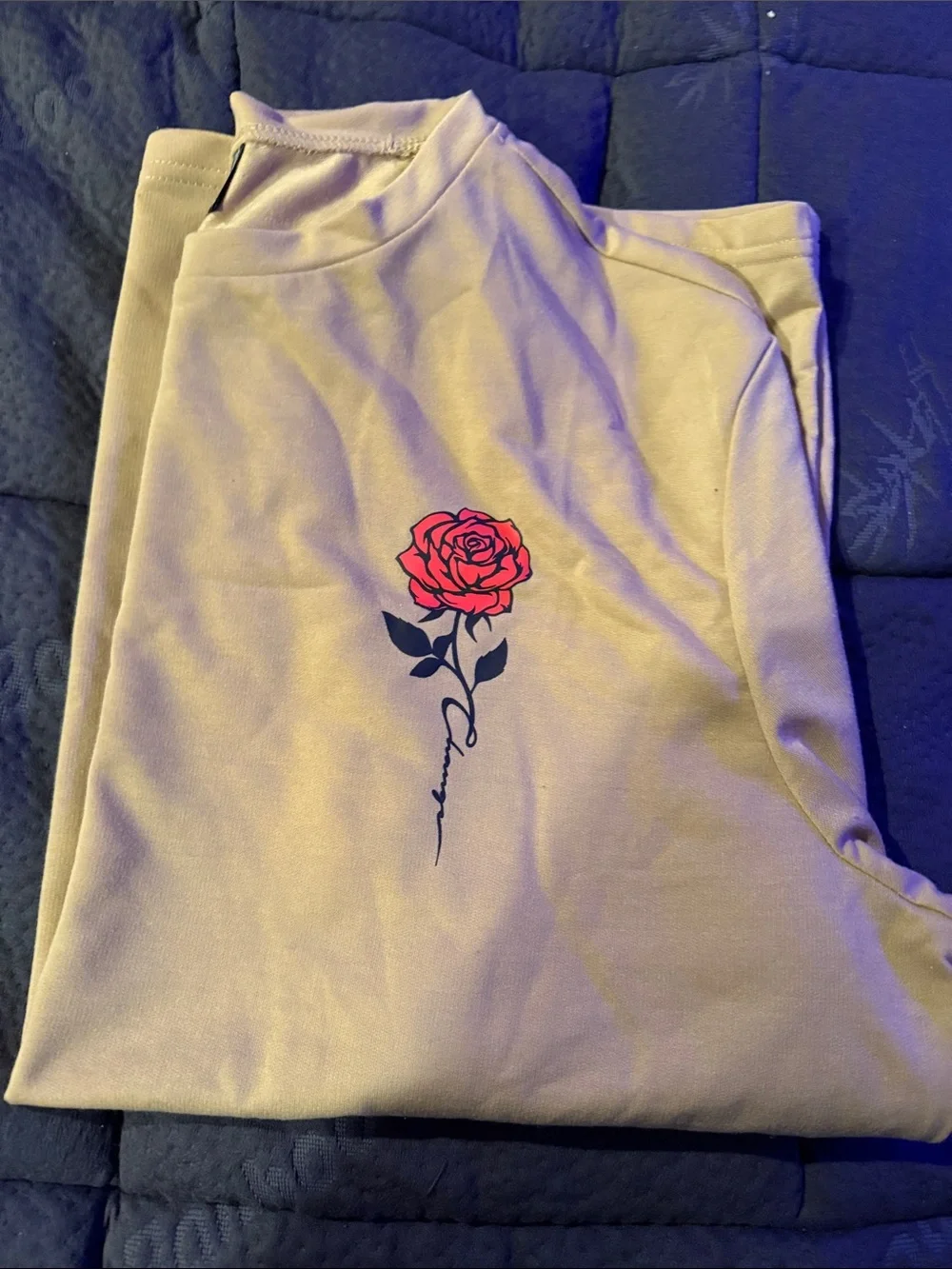 SHEIN Beige Long Sleeve Tee with Red Rose Graphic